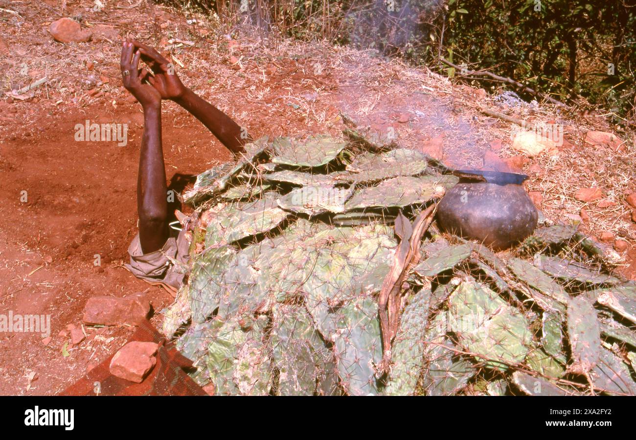 Indien: Ein Fakir oder Yogi mit dem Kopf in der Erde, Poornima Festival in der Nähe des Yellamma-Tempels in Saundatti, Karnataka (1994). Jedes Jahr im Hindumonat Magh (Januar bis Februar) versammeln sich mehr als eine halbe Million Menschen um den winzigen Tempel der Göttin Yellamma in Saundatti. Yellamma ist der Schutzpatron der devadasi oder Frauen, die dem Dienst an einer Gottheit oder einem Tempel gewidmet sind. Stockfoto