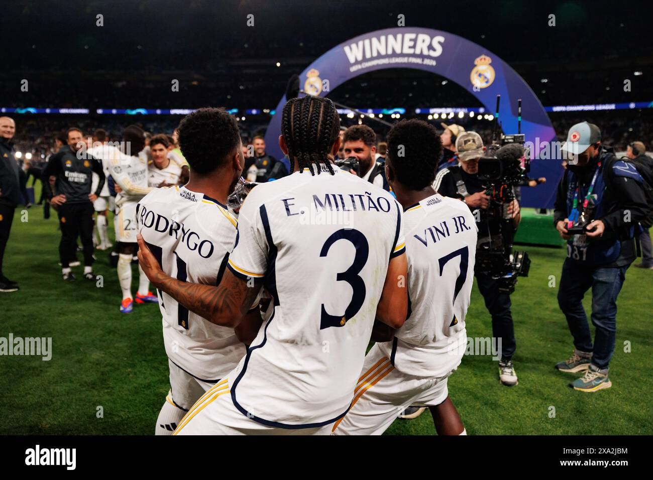 London, Großbritannien. Juni 2024. Rodrygo Goes, Eder Militao, Vinicius  Junior (Real Madrid) im Finale der Champions League 2024 (2:0) zwischen  Borussia Dortmund und Real Madrid. Ergebnis: Borussia Dortmund 0 - 2 Real