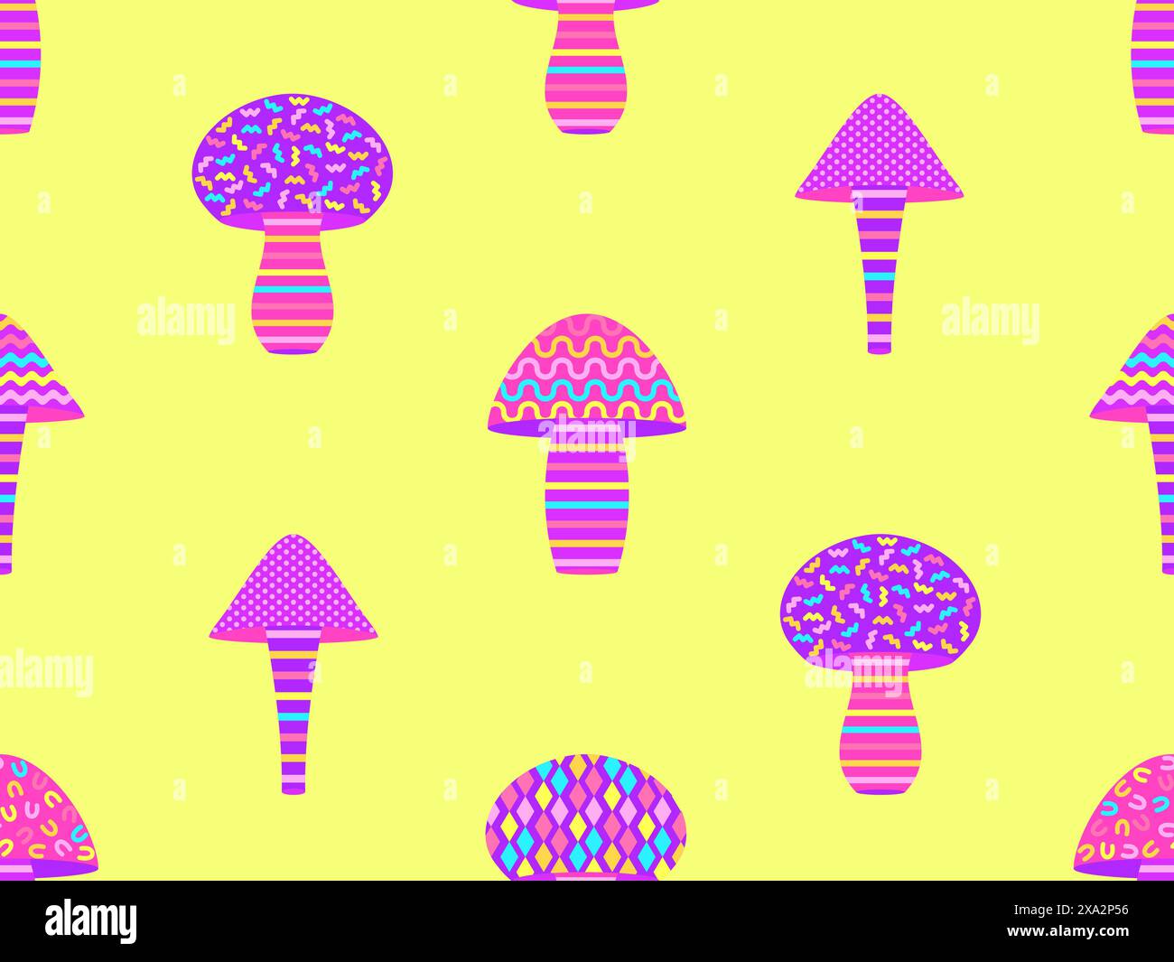 Pilze mit geometrischem Muster und schwarzer Umrandung. Nahtloses Pilzmuster. Geometrische Figuren unterschiedlicher Formen. Design für Tapeten, Banner, Stock Vektor
