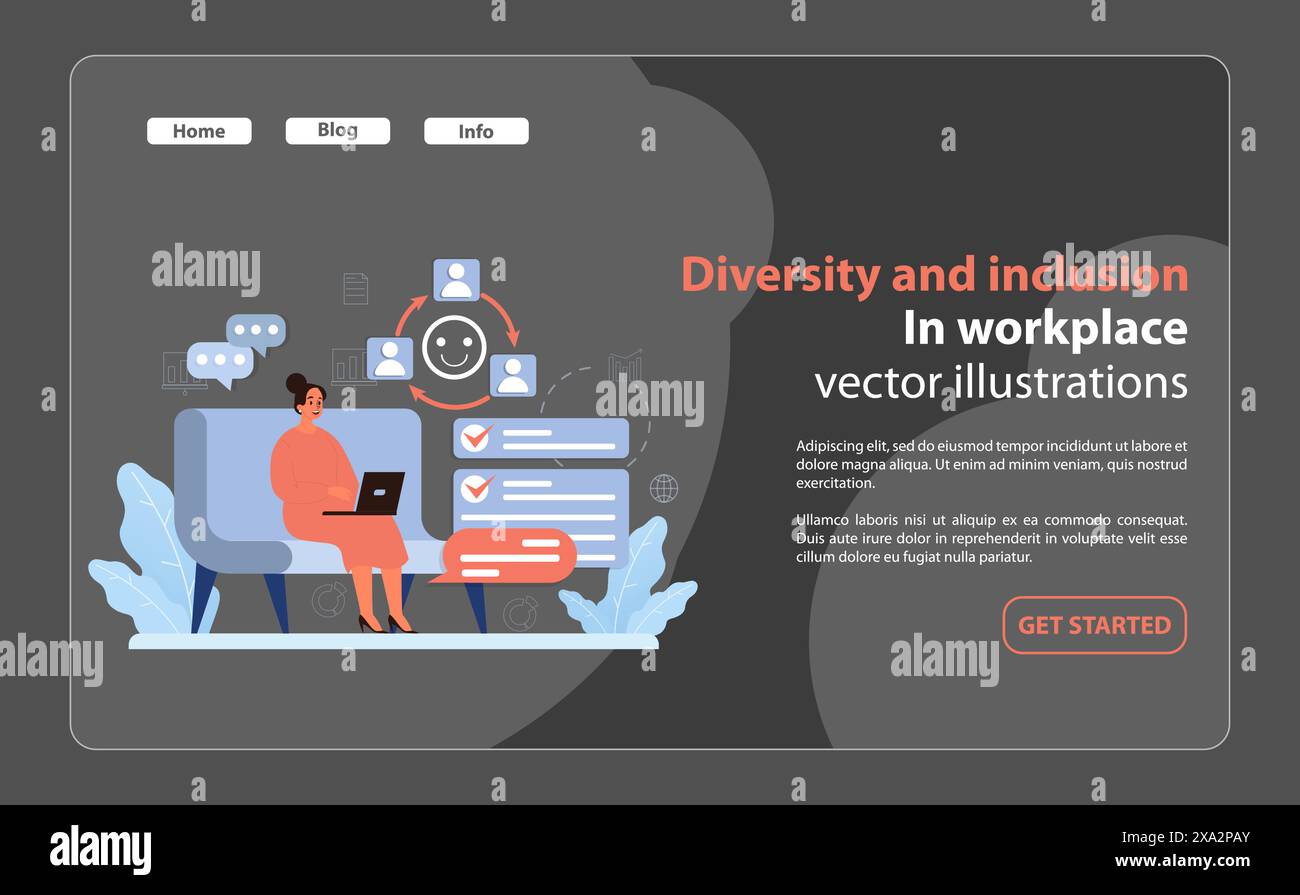 Moderne dynamische virtuelle Arbeitsbereiche. Frau am Laptop koordiniert effizient mit verschiedenen Teammitgliedern und unterstreicht die Essenz von Vielfalt und Inklusivität im heutigen digitalen Arbeitszeitalter. Flacher Vektor Stock Vektor