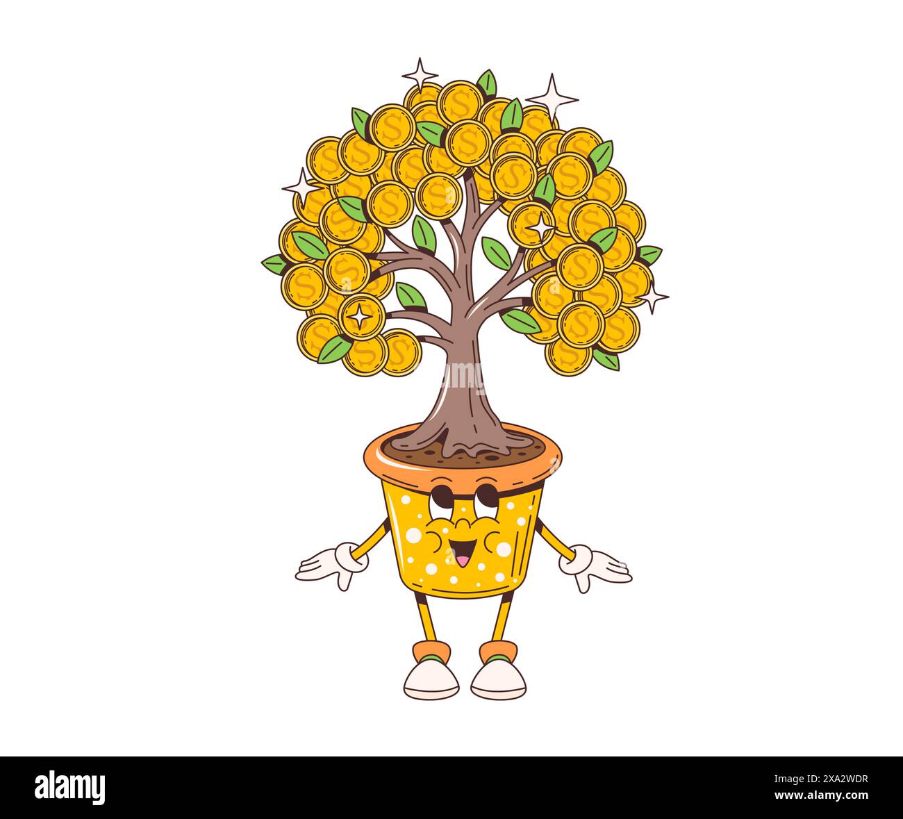 Cartoon Retro-Figur mit goldenen Münzen. Isolierter Vektor funky Topf Pflanze, Finanzperson mit breitem Lächeln, verkörpert Reichtum, Bargeld, Zahlung, Investitionen, Wohlstand oder Gewinn Stock Vektor