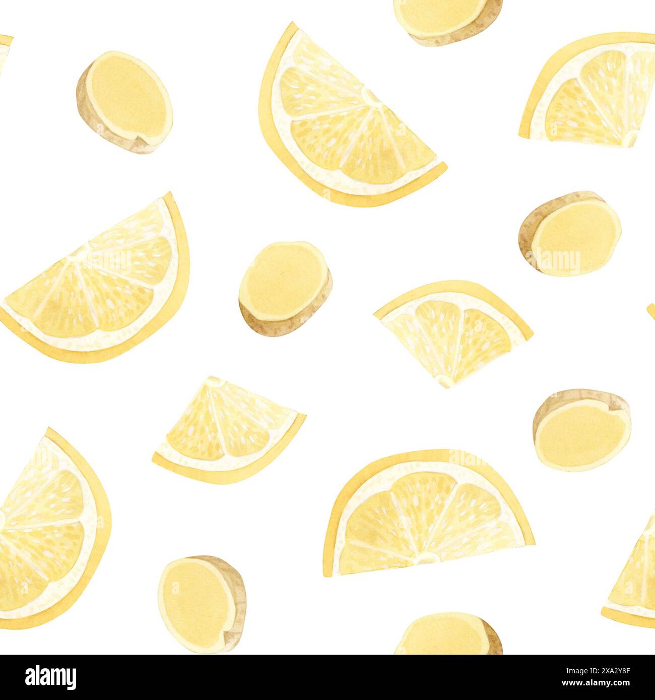 Zitronen Ingwerscheiben nahtloses Aquarellmuster auf weißem Hintergrund. Schneiden Sie runde Zitrusfrüchte und Gewürze für Kräutertee Stockfoto
