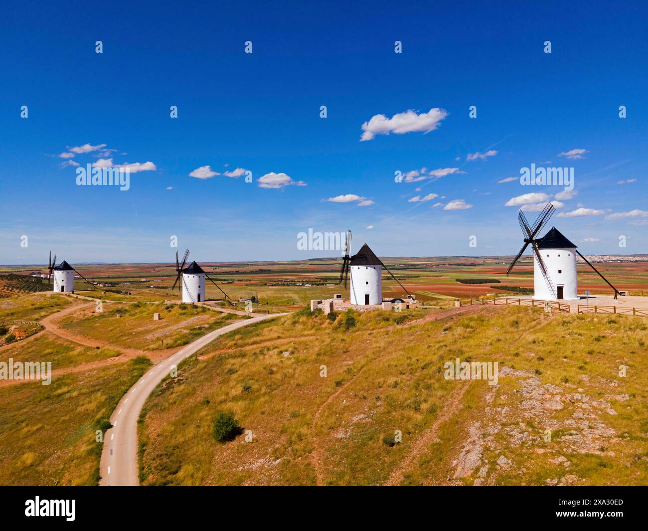 Vier Windmühlen stehen auf einem Hügel unter einem hellblauen Himmel in einer weiten Sommerlandschaft, aus der Vogelperspektive, Alcazar de San Juan, Ciudad Real, Castilla-La Mancha Stockfoto