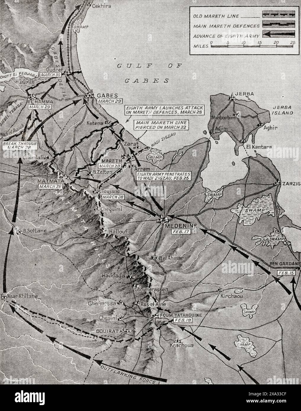 Karte, die den Vormarsch der 8. Armee über die Mareth-Linie zeigt, 28. März 1943. Aus dem Krieg in Bildern, 4. Jahr. Stockfoto