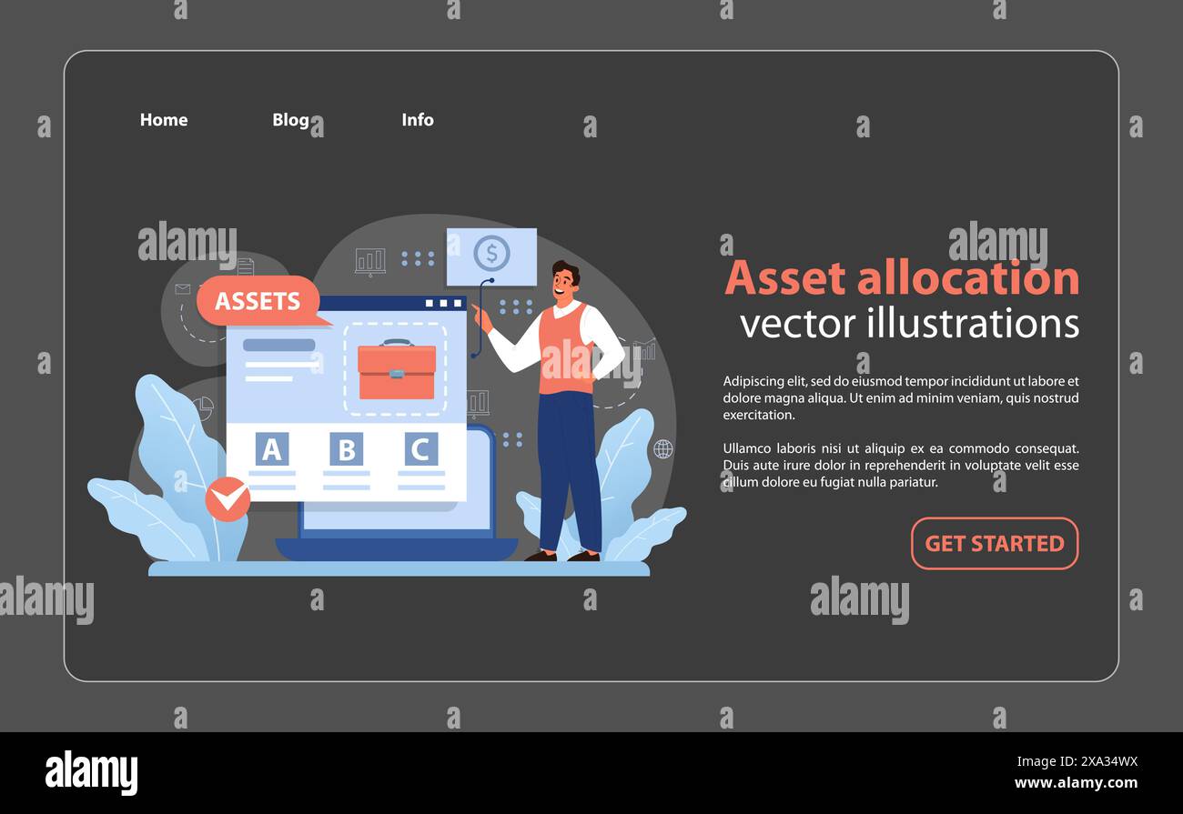 Anlagenzuordnungskonzept. Man präsentiert eine diversifizierte Portfolioverteilung auf dem Bildschirm und optimiert so das Vermögensmanagement. Strategische Planung, finanzieller Ausgleich. Illustration des flachen Vektors. Stock Vektor