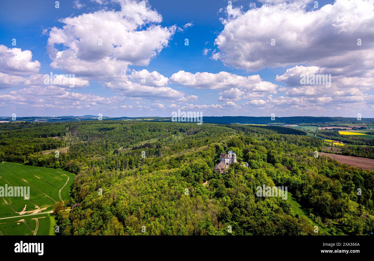 Blick aus der Vogelperspektive, Schloss Hinnenburg auf einem Hügel in einem Waldgebiet, Privatbesitz der Familie von der Asseburg-Falkenstein-Rothkirch, Fernsicht mit Stockfoto