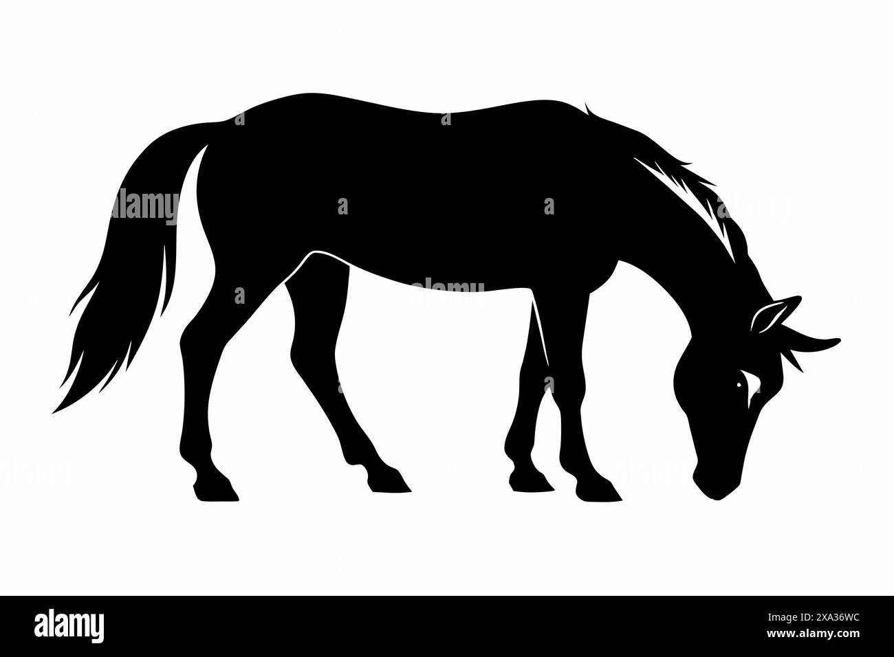 Schwarze Silhouette eines grasenden Pferdes auf weißem Hintergrund. Konzept einer wilden Tierillustration, minimalistischer Stil, Pferdekunst. Drucken, Symbol, Stock Vektor Schwarze Silhouette eines grasenden Pferdes auf weißem Hintergrund. Konzept einer wilden Tierillustration, minimalistischer Stil, Pferdekunst. Drucken, Symbol, Stock Vektor