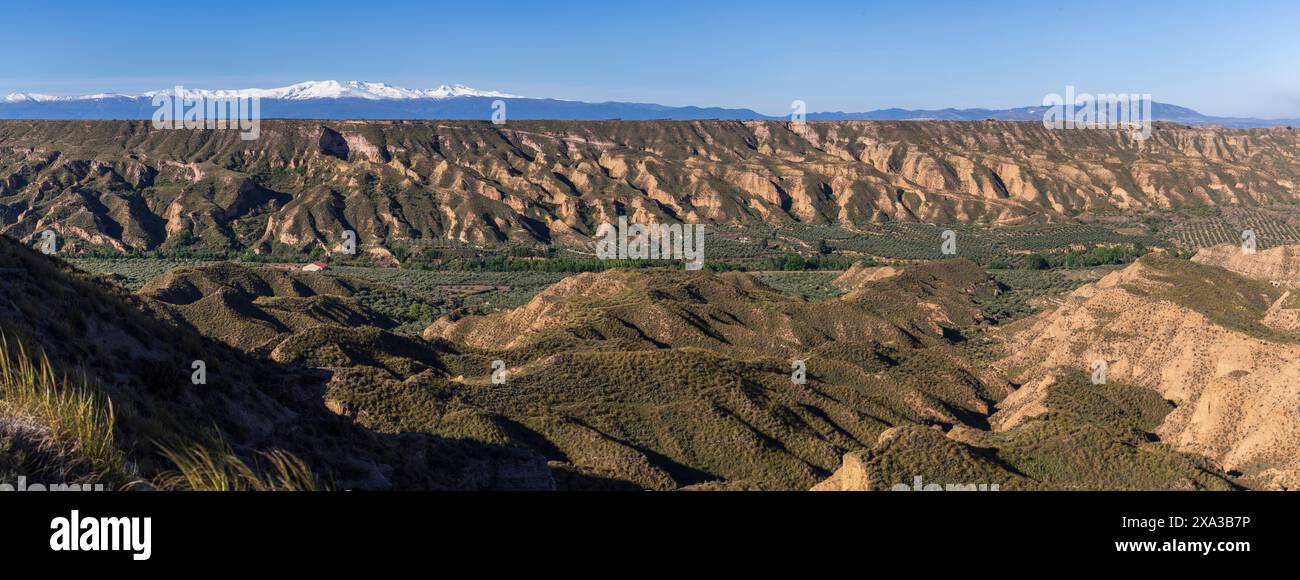 Las Majadillas, Wüste Gorafe, Tal des Flusses Gor, Sierra Nevada im Hintergrund, Granada Geopark, Provinz Granada, Andalusien, Spanien Stockfoto