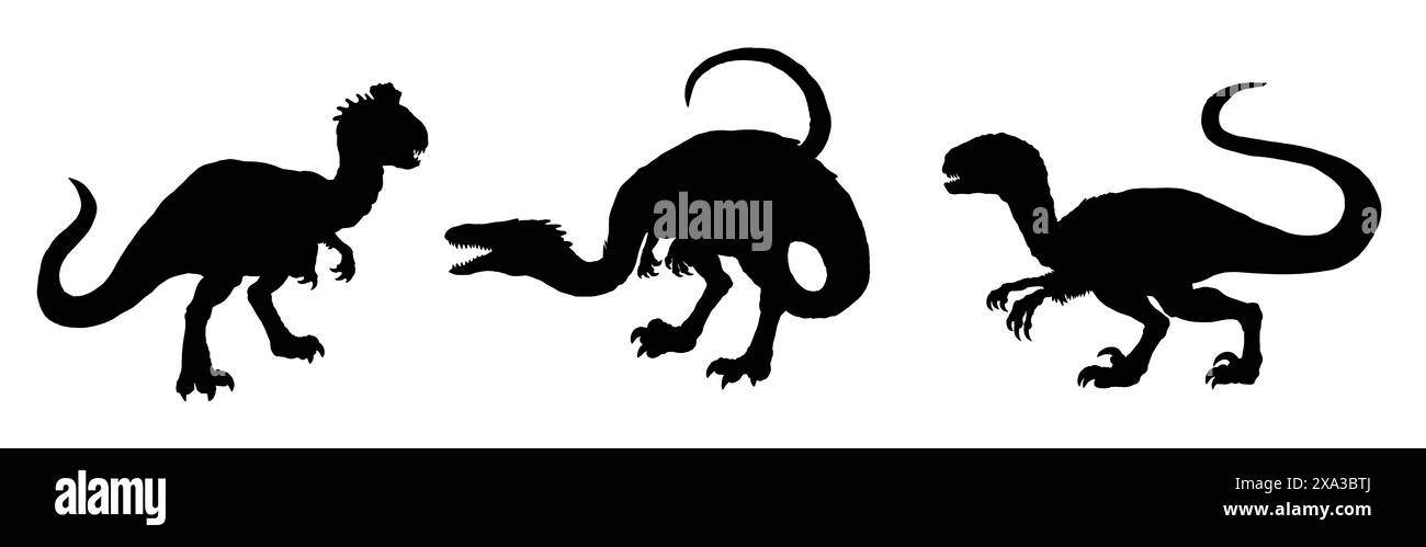 Schwarze Silhouette fleischfressender Dinosaurier. Velociraptor, Coelophysis und Crylophosaurus. Stockfoto