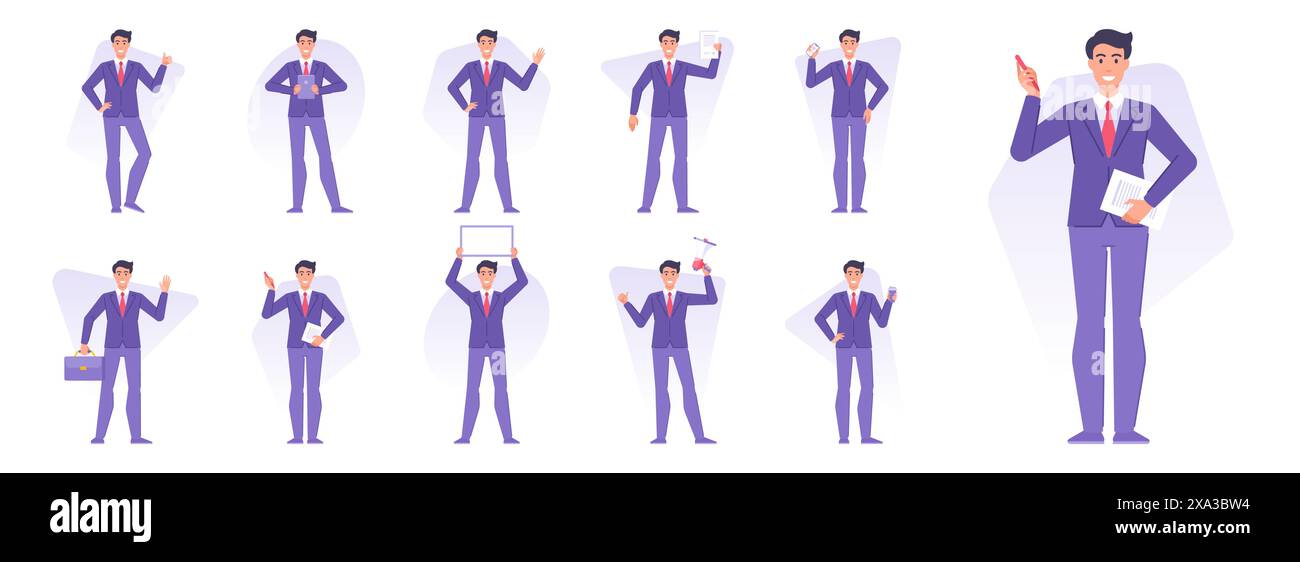 Gruppe von Geschäftsleuten, die verschiedene Geschäftsaktivitäten Vektorillustrationen ausführen. Moderne Entrepreneurs Flat Cartoon Figur in blauer formeller Kleidung während achie Stock Vektor