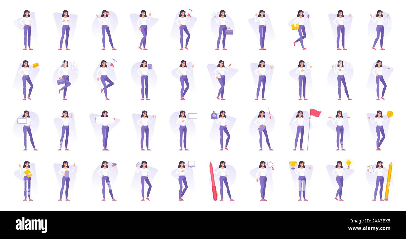 Satz von Vektorillustrationen flache Cartoon weibliche Manager Charakter Design mit verschiedenen Objekten, die kreative Aktivitäten während der Arbeit im Büro Stock Vektor