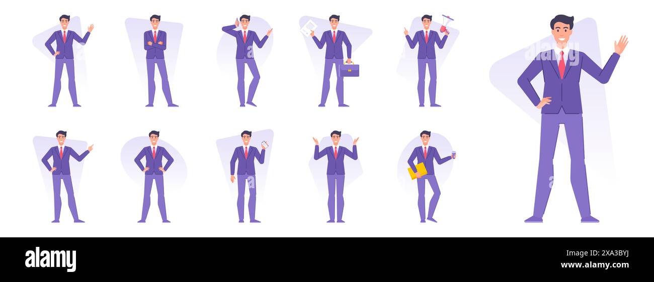 Gruppe von Geschäftsleuten, die verschiedene Geschäftsaktivitäten Vektorillustrationen ausführen. Moderne Entrepreneurs Flat Cartoon Figur in blauer formeller Kleidung während achie Stock Vektor