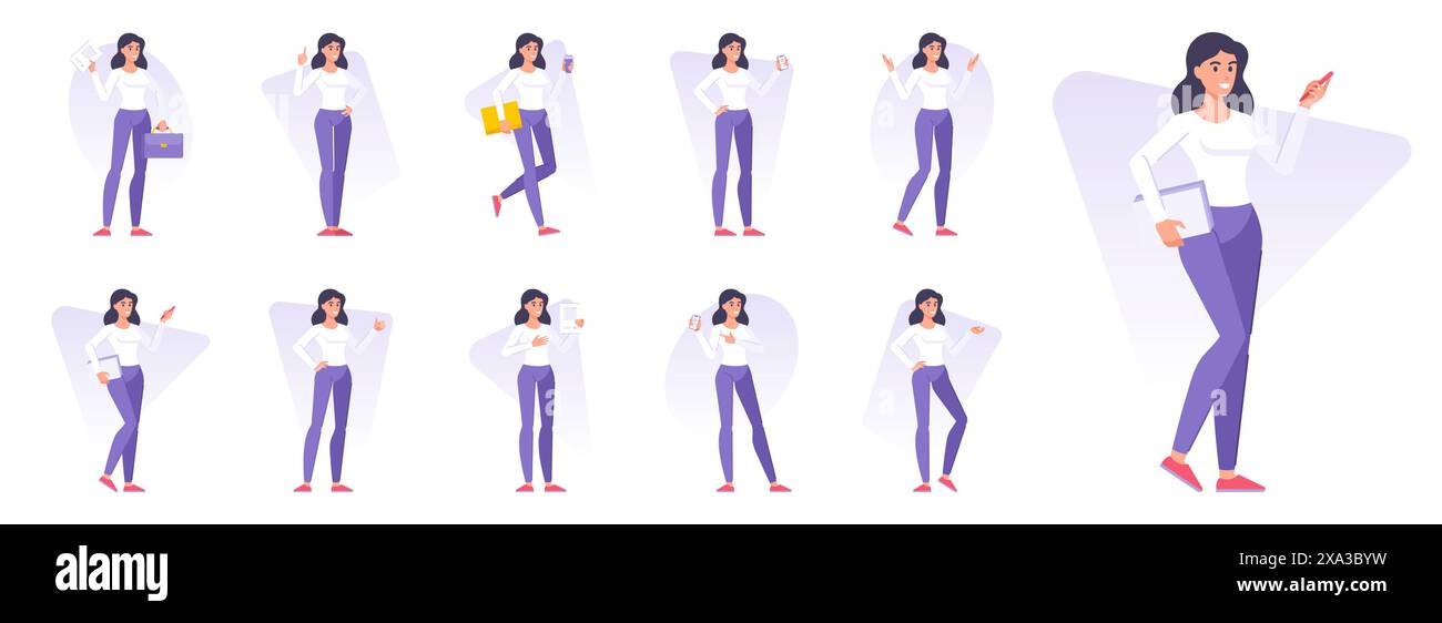 Eine Reihe von modernen Frauen, die an Projektvektorillustrationen arbeiten. Weibliche Managerinnen mit flachen Zeichentrickfiguren, die verschiedene Objekte für verschiedene kreative Aktivitäten einsetzen Stock Vektor