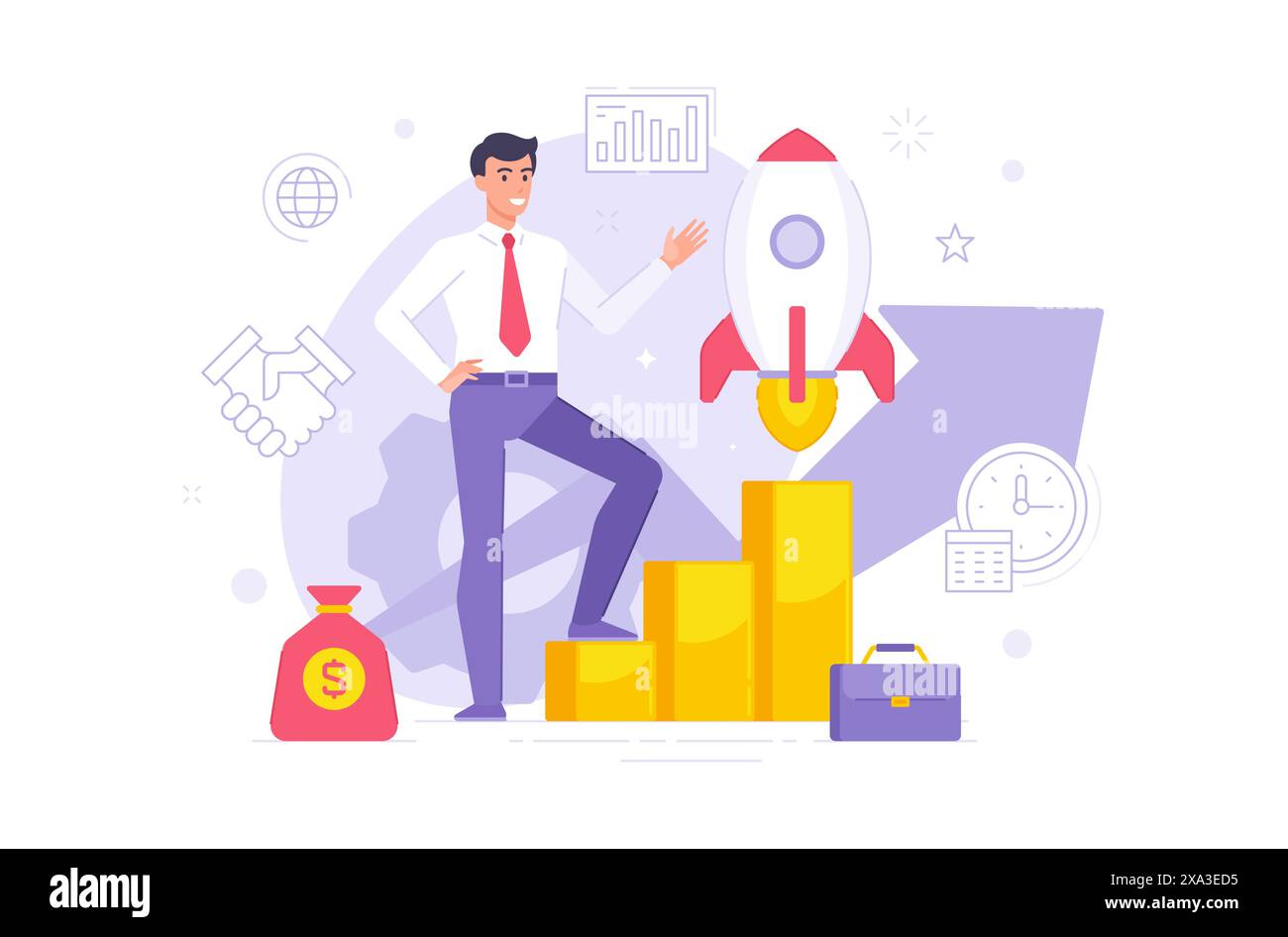 Leiter der Illustration des Startup-Projektes der Raketenanlage. Flacher Cartoon Geschäftsmann in formeller Kleidung lächelt, nachdem er Erfolg bei der Einführung moderner RO erzielt hat Stock Vektor