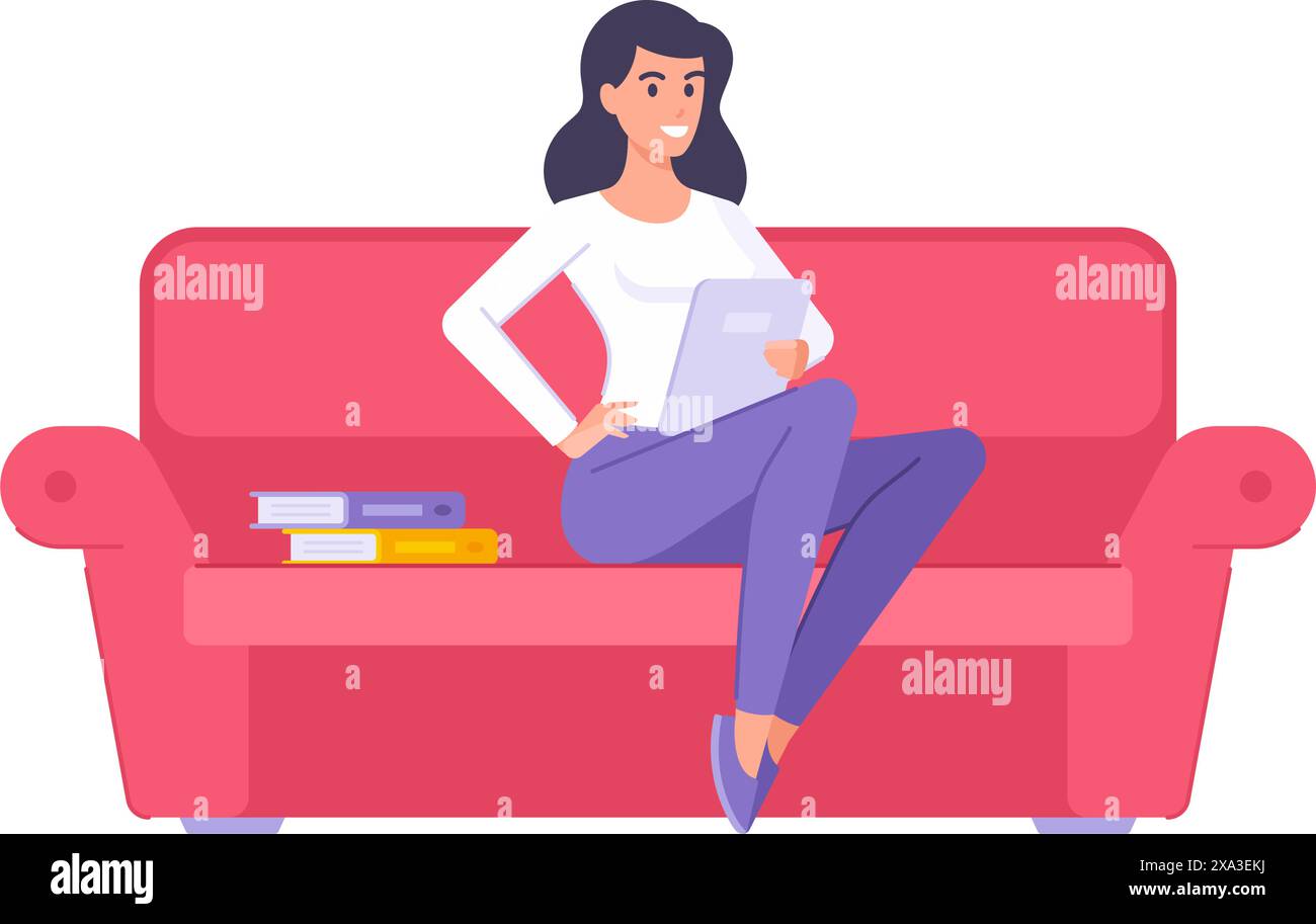 Lächelnde Geschäftsfrau, die zu Hause arbeitet, sitzt auf Couch mit Tablet-pc am Stapel Papierdokumente Ordner Vektor flache Illustration. Moderne weibliche Studyi Stock Vektor