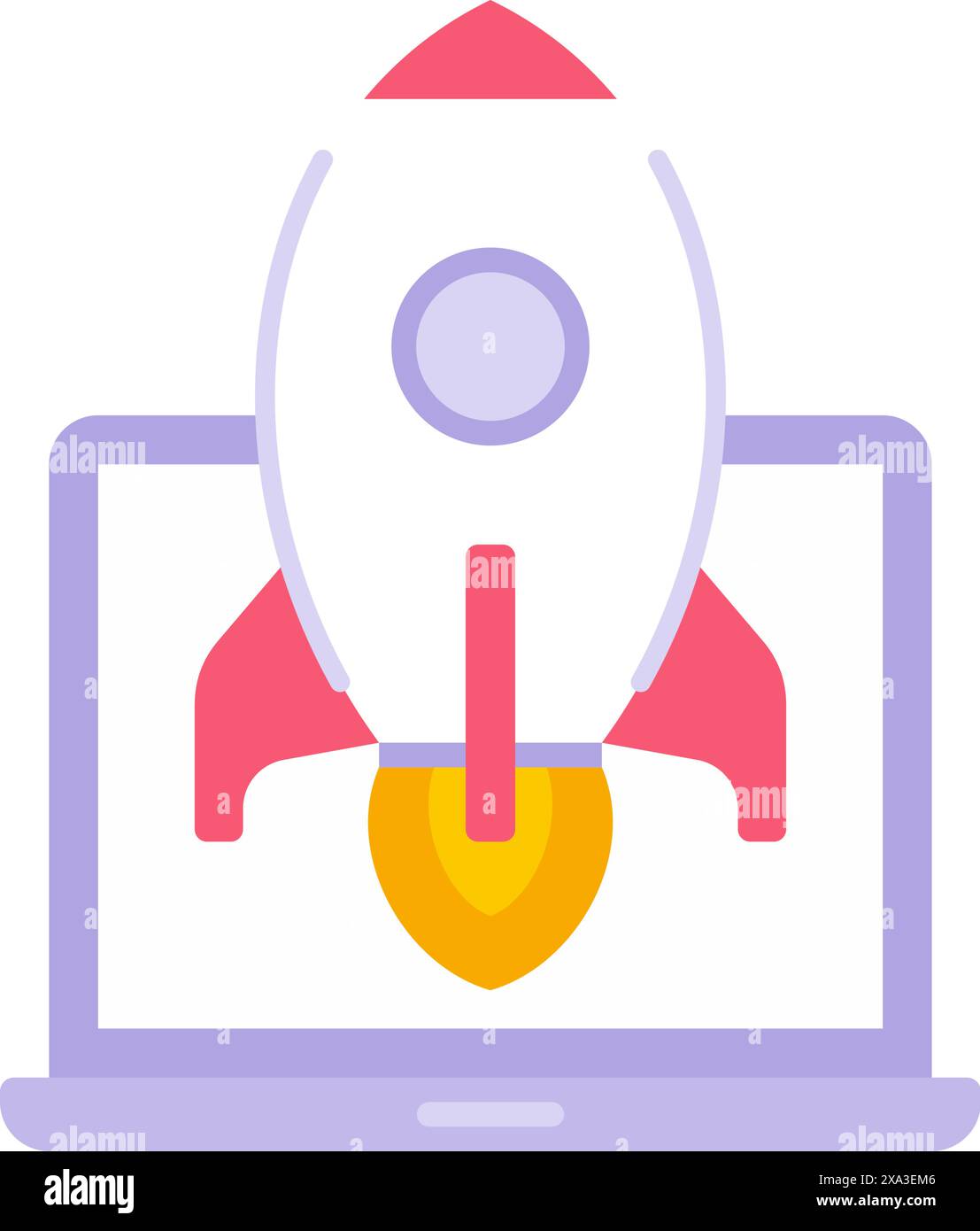 Rakete mit Feuerflamme auf Laptop Bildschirm Symbol Vektor Illustration. Raumschiff-Internet-Marketing-Start-up entwickelt Geschäftsstrategie isoliert Stock Vektor
