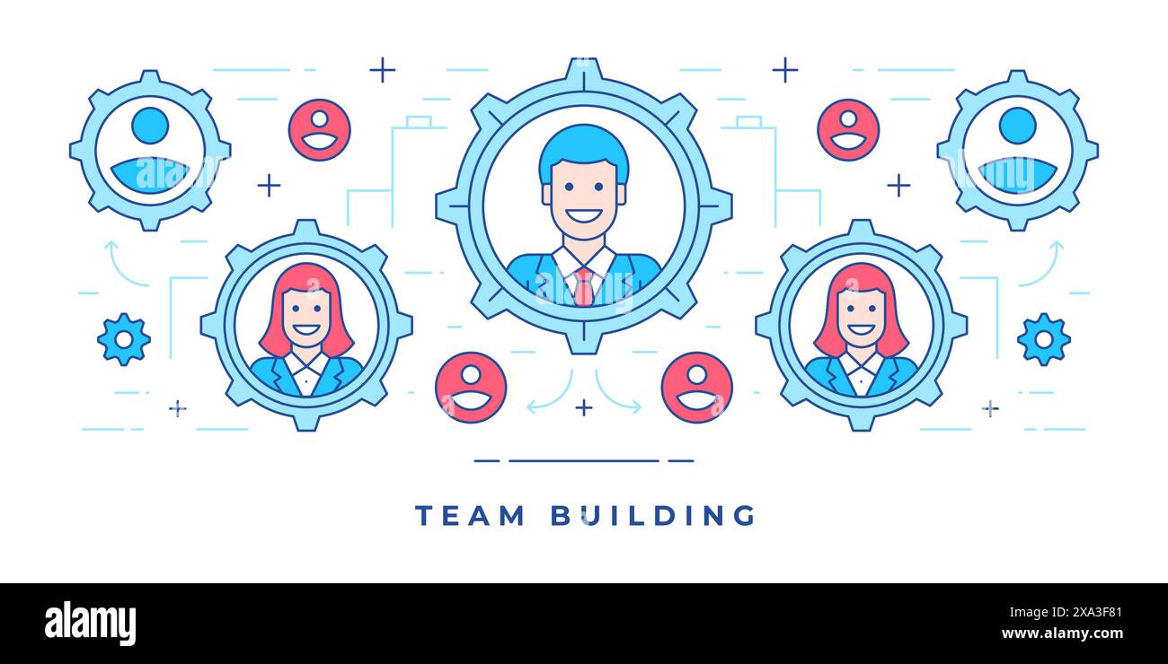 Vektor-Illustration eines flachen Banners mit Kollegen in grafischen Gängen für Website-Werbung Team Building Services für Unternehmen. Lineare Ausführung Stock Vektor