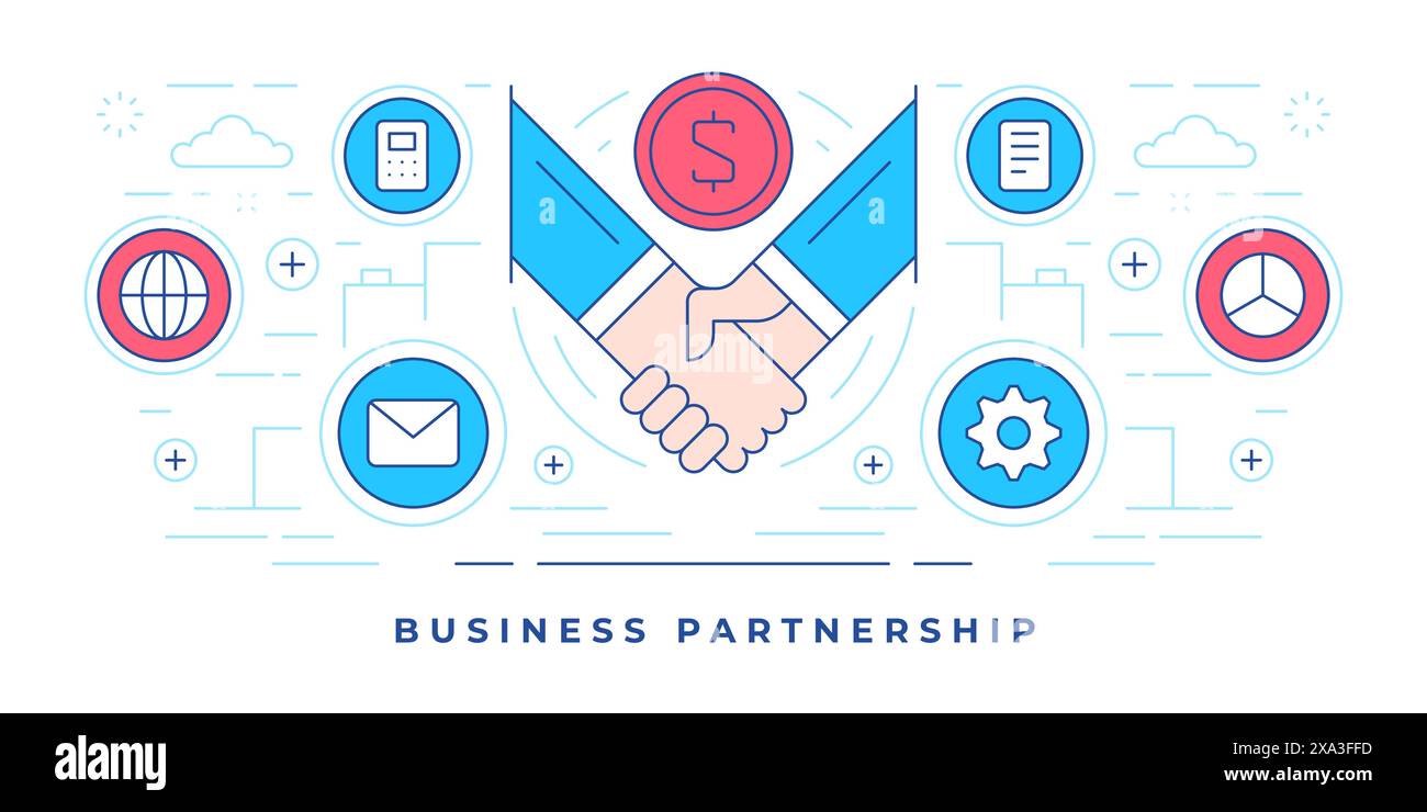 Vektorillustration eines flachen Banners mit grafischen Symbolen um das Handshake-Symbol für Geschäftspartnerschaften und Social-Media-Marketingkampagnen. Linear Stock Vektor