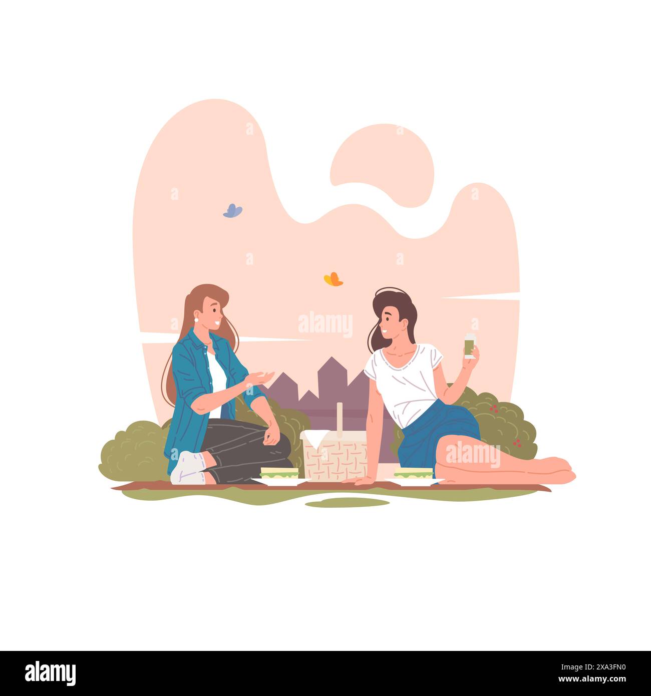 Weibliche Freunde, die Picknick in Sommerpark-Vektor-Illustration haben. Glückliche junge Frauen, die lächeln und miteinander reden, während sie auf einer Decke in der Nähe von B sitzen Stock Vektor