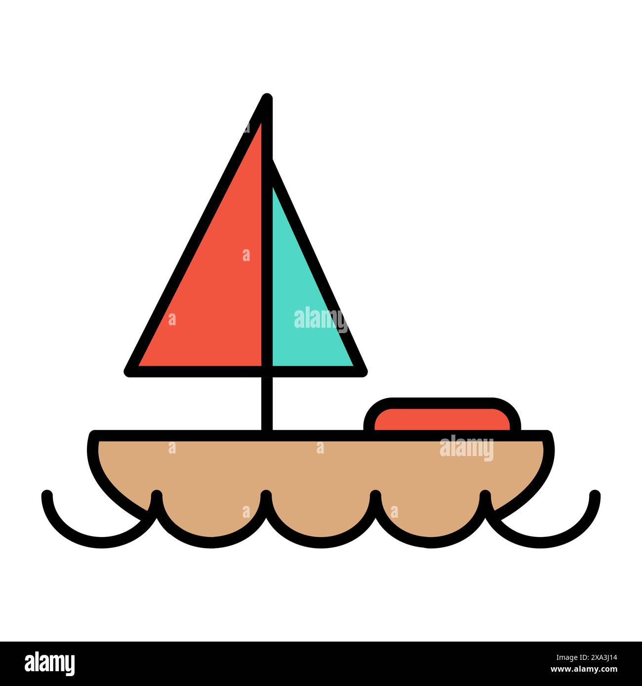 Sailboat Set Symbol. Bräunungsboot, rote und grüne Segel, blaue Wellen, maritim, segeln, nautisch, reisen, Abenteuer, Erholung, Wassersport. Stock Vektor