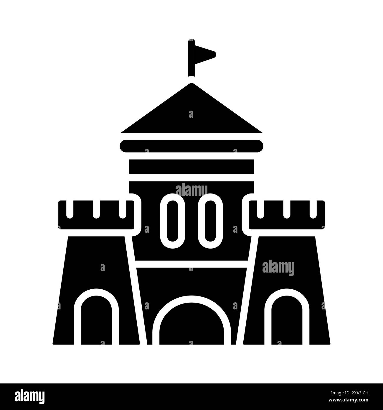 Schloss-Set-Symbol. Braune Festung, rotes Dach, blaue Fenster, mittelalterliche Architektur, Festung, historisches Gebäude, Turm, Graben, Zinnen. Stock Vektor