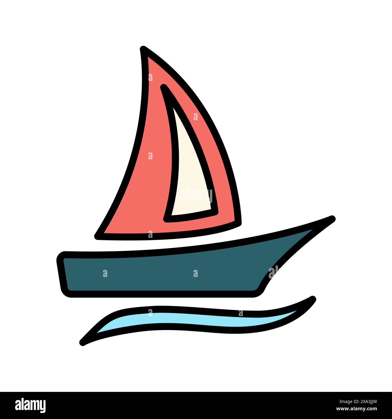 Sailboat Set Symbol. Bräunungsboot, rote und grüne Segel, blaue Wellen, maritim, segeln, nautisch, reisen, Abenteuer, Erholung, Wassersport. Stock Vektor