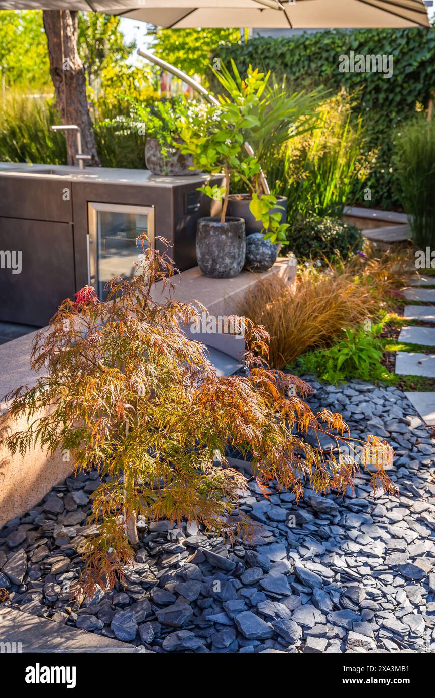 Moderne Terrasse oder Terrasse mit Pflanzen- und Blumentöpfen und Außenküche auf dem Boden Stockfoto