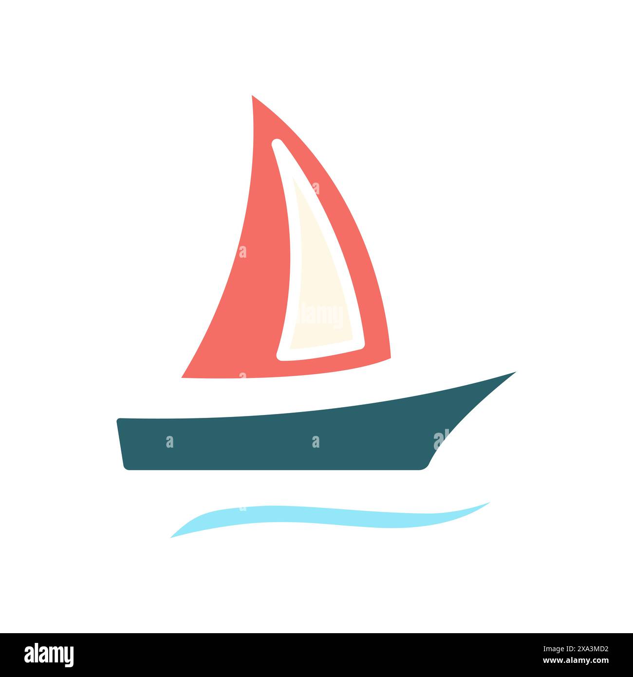 Sailboat Set Symbol. Bräunungsboot, rote und grüne Segel, blaue Wellen, maritim, segeln, nautisch, reisen, Abenteuer, Erholung, Wassersport. Stock Vektor