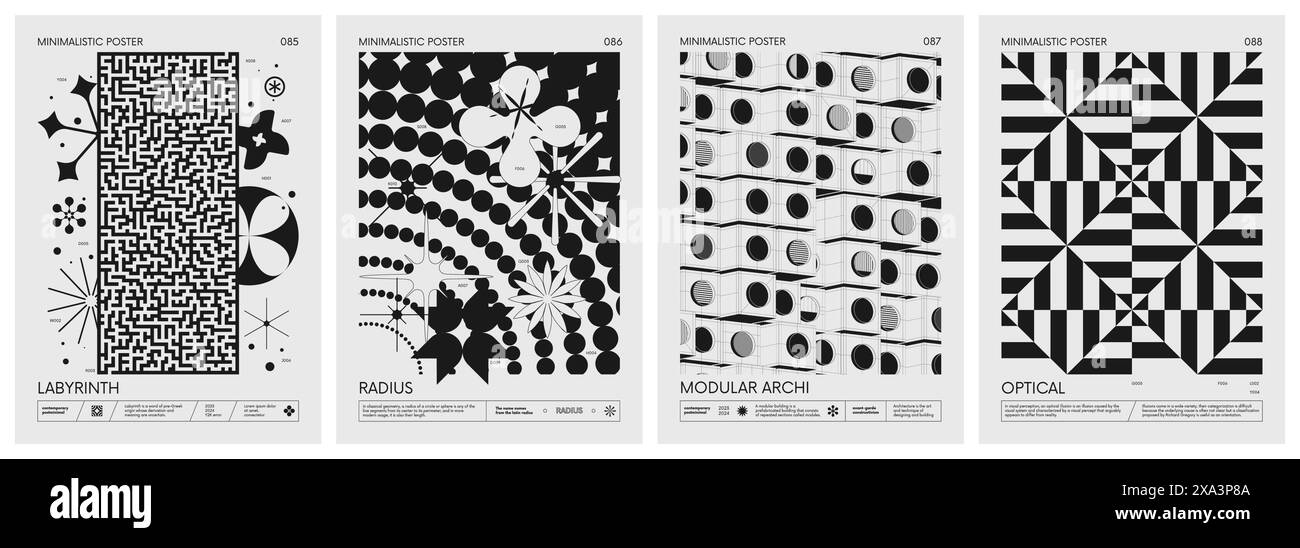 Abstrakte moderne geometrische Vektor minimalistische Poster mit einfachen Formen in Schwarz und weiß und Silhouette von grundlegenden geometrischen Figuren, Komposition gra Stock Vektor