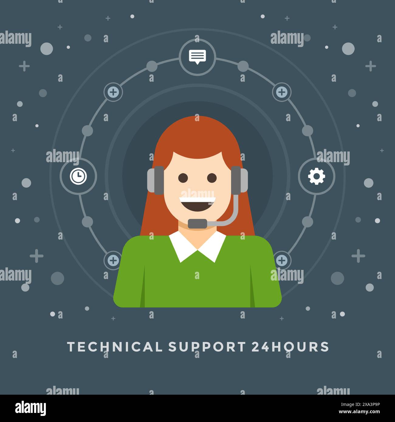 Flaches Design Vektor Business Illustration Konzept technischer Support 24 Stunden Frau Berater Charakter für Website und Promotion Banner. Stock Vektor
