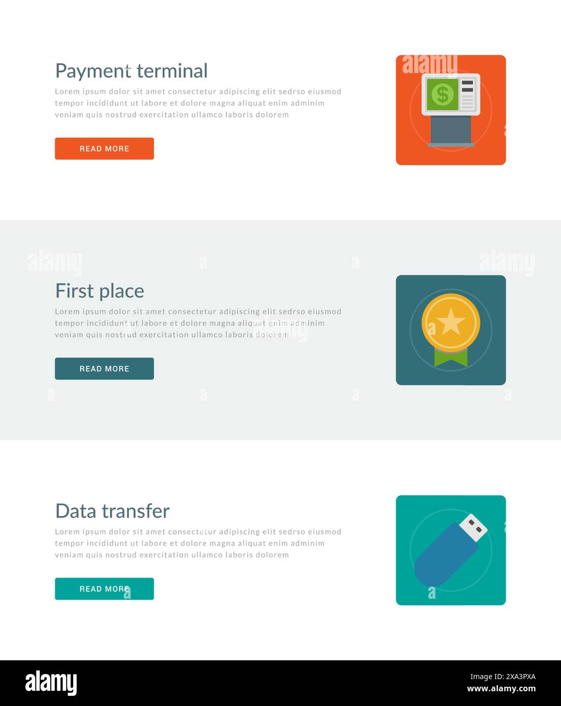 Website-Header oder Werbebanner Vorlagen und Design für flache Symbole. Zahlungsterminal, erste Medaille, Datenübertragung. Vektorabbildung. Stock Vektor