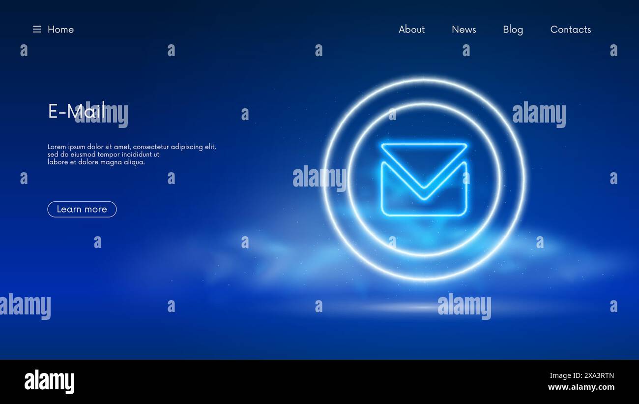 Konzept für E-Mail-Nachrichten, Webmail oder mobiles Online-Marketing und -Geschäft, Newsletter-Abonnement-Banner mit blauem Leuchtbuchstabensymbol im Neonlicht Stock Vektor
