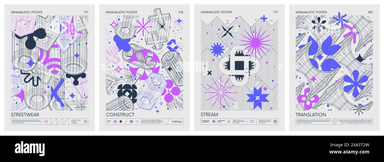 Futuristische Retro-Vektorfarben minimalistische Poster mit 3D seltsamen Drahtmodellen bilden eine Grafik geometrischer Formen modernes Design, das von Brutalismus A inspiriert ist Stock Vektor