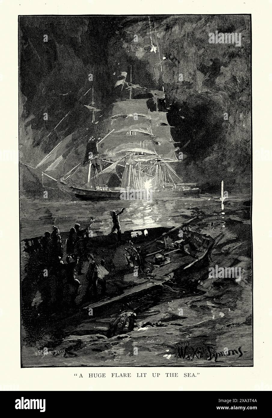 Vintage Illustration, Meeresgeschichte, Flare, Rettung von Seeleuten vor sinkenden Schiffen in der Nacht, 19. Jahrhundert Stockfoto