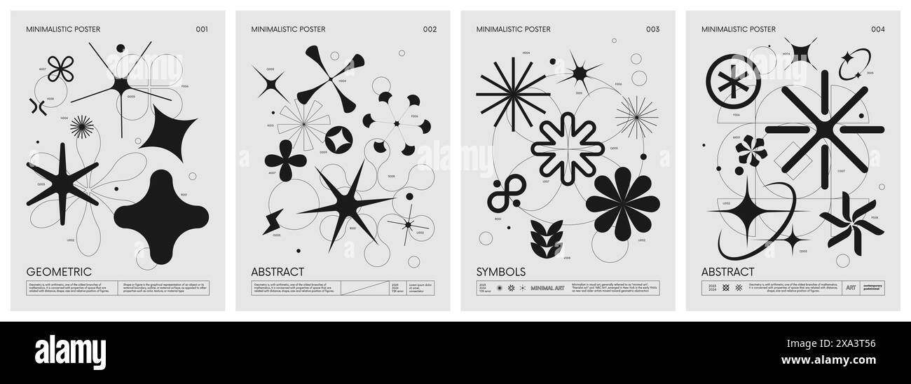 Retro-Poster mit futuristischem Vektor-Set mit minimalistischen Silhouetten, außergewöhnlichen grafischen Elementen geometrischer Formen schweizer Stil, modern Stock Vektor