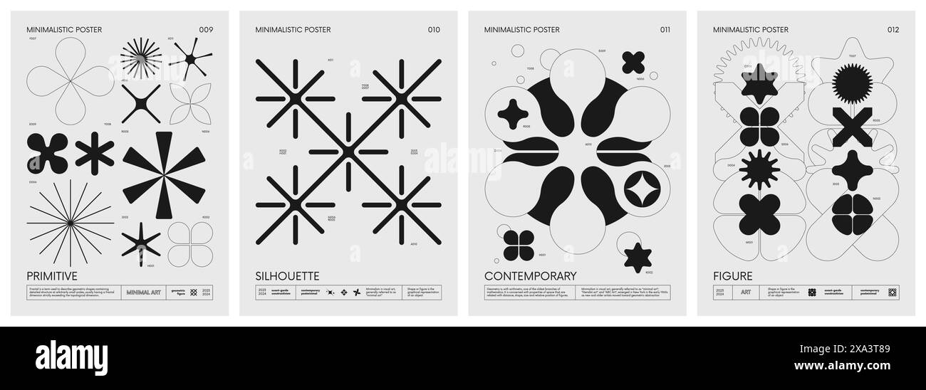 Retro futuristische Vektor-minimalistische Poster mit Silhouette Grundfiguren, außergewöhnliche grafische Elemente geometrischer Formen Komposition, modernes M Stock Vektor
