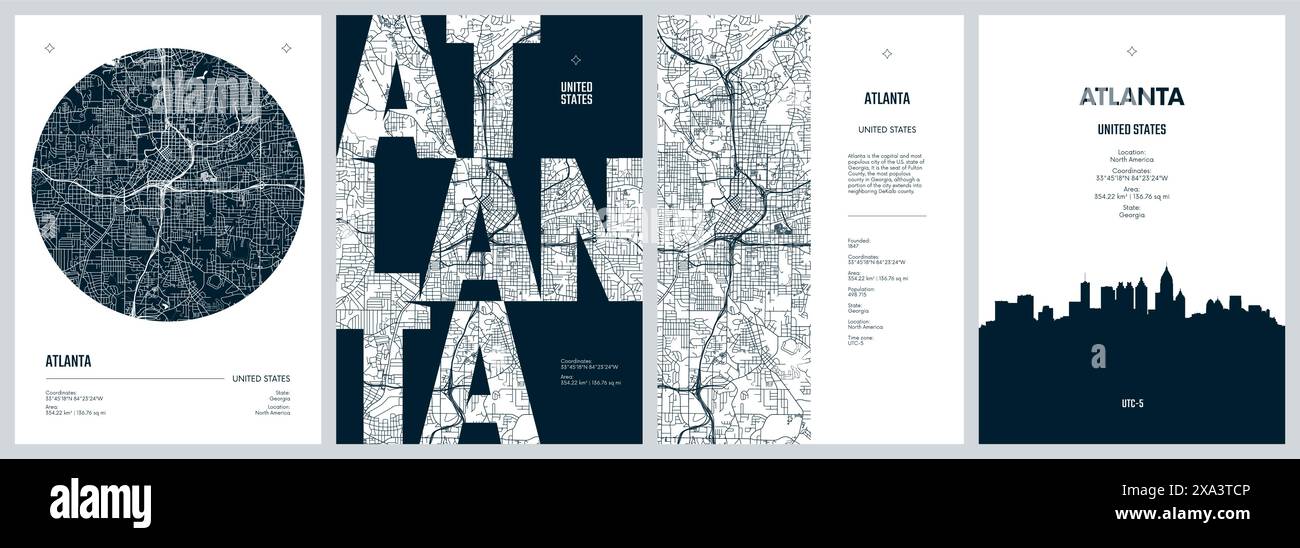 Set von Reiseplakaten mit Atlanta, detaillierter Stadtplan, Silhouette-Skyline, Vektorgrafik Stock Vektor