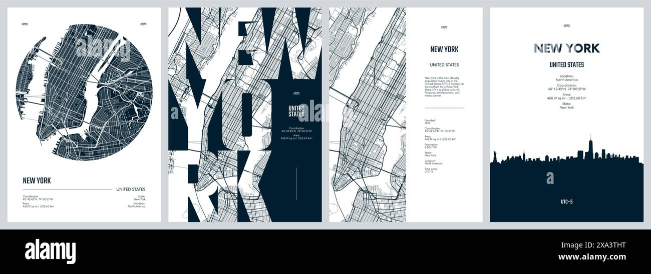 Set von Reiseplakaten mit New York, detaillierter Stadtplan, Silhouette-Skyline, Vektorgrafik Stock Vektor