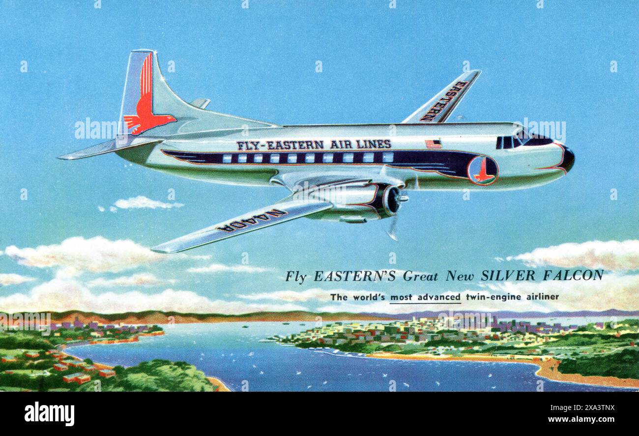 Eine Werbepostkarte aus den 1950er Jahren von Eastern Airlines, die ihre neuen Martin 4-0-4 Druckflugzeuge mit dem Namen Silver Falcon oder Falcons bewerben. Die Inlandspostrate für 1951 betrug 4c für Flugpost und 2c für reguläre Post Stockfoto