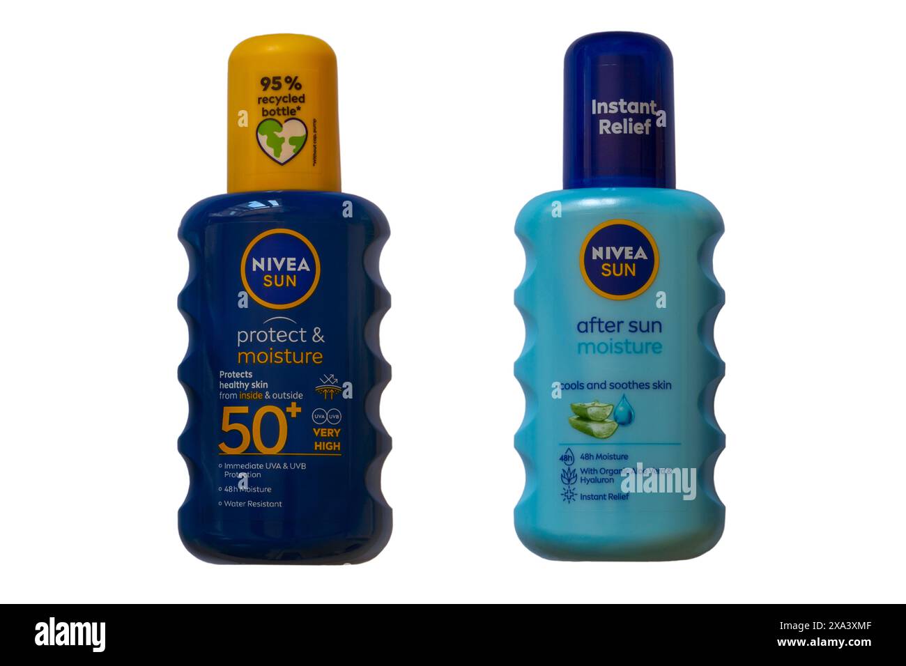 NIVEA Sonnencreme und After Sun After Sun isoliert auf weißem Hintergrund - Nivea SPF 50 Stockfoto