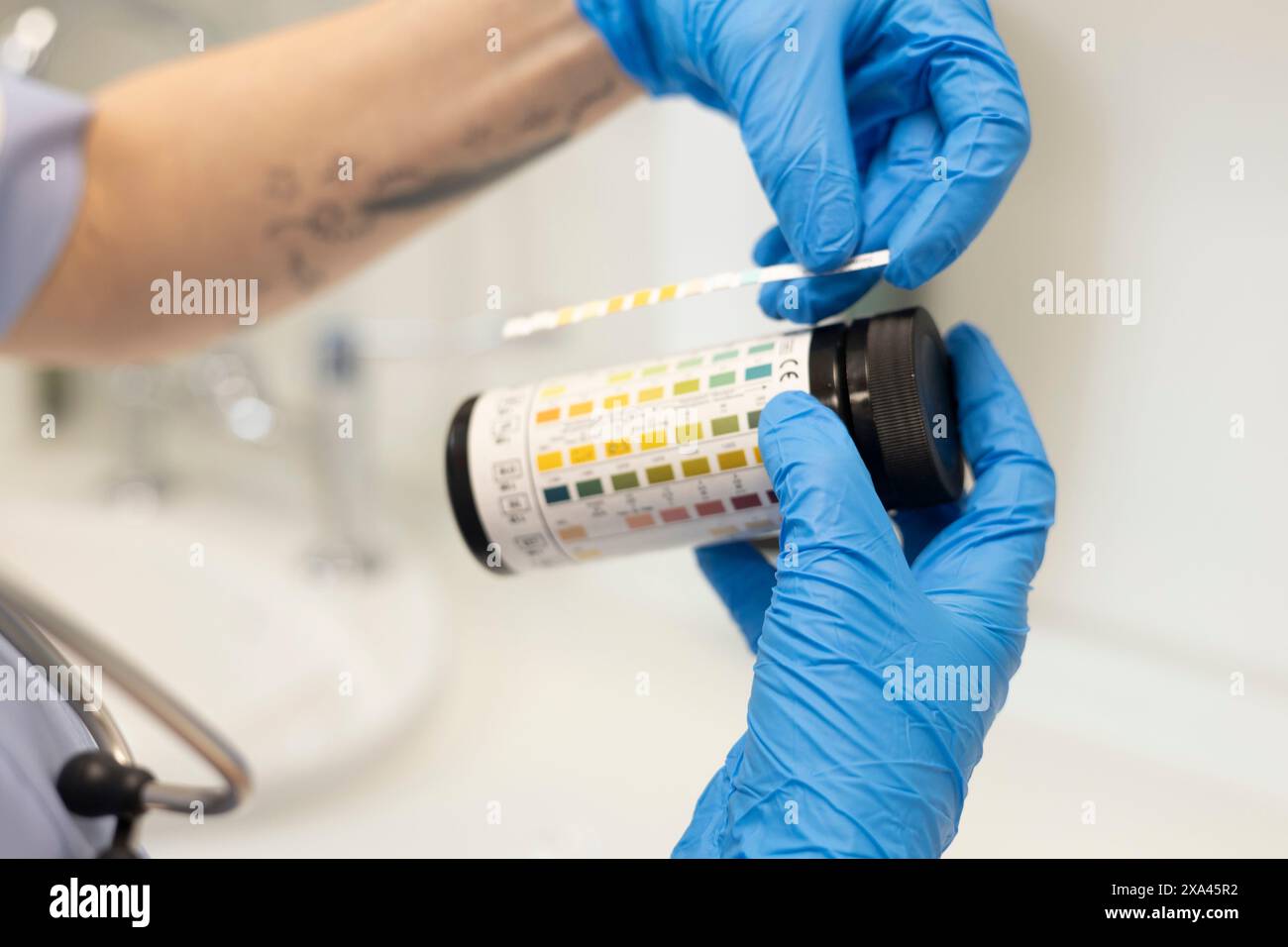 Hände in Handschuhe, die ein Testergebnis handhaben Stockfoto