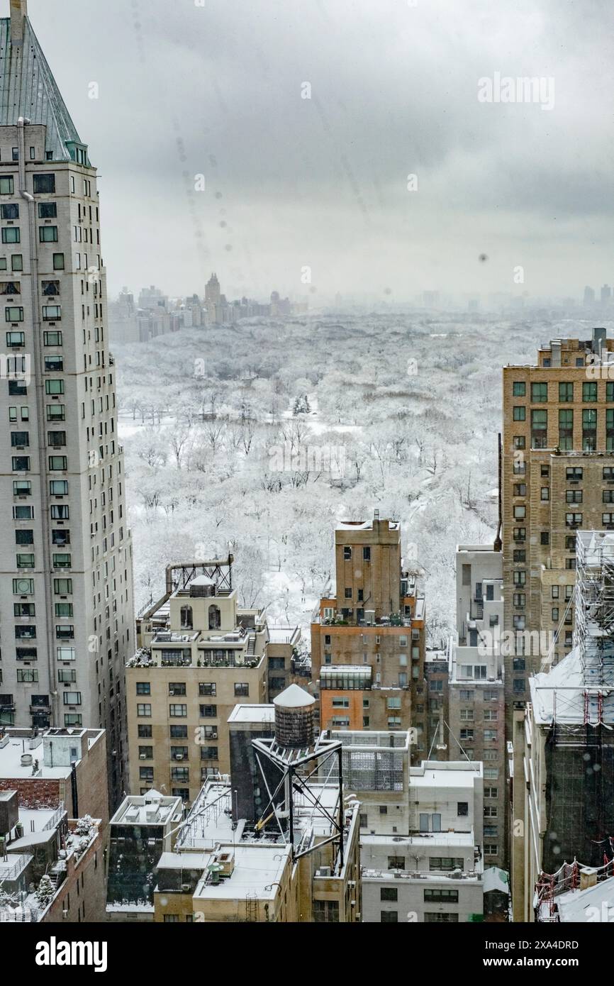Ein schneebedeckter Stadtpark ist in weiß gehalten, umgeben von hohen Gebäuden und bewölktem Himmel. Stockfoto