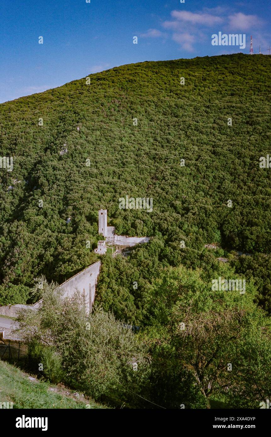 Ein grüner Hügel mit dichtem Laub beherbergt eine alte Steinstruktur, wahrscheinlich ein historisches Gebäude, eingebettet zwischen dem Grün unter einem klaren blauen Himmel. Stockfoto