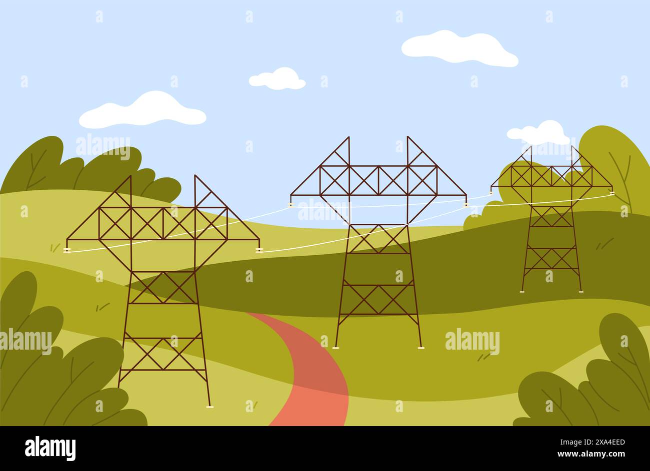 Ländliche grüne Sommerlandschaft mit Stromleitungsinfrastruktur, Vektorillustration aus der Vogelperspektive Stock Vektor