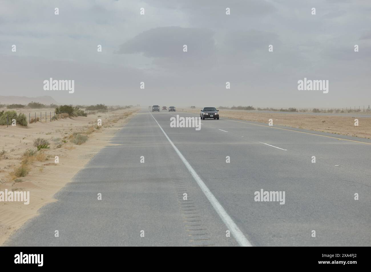 Eine gerade Straße zieht sich durch eine karge Landschaft unter einem bewölkten Himmel, mit wenigen Fahrzeugen, die in der Ferne fahren, und karger Vegetation auf beiden Seiten. Stockfoto