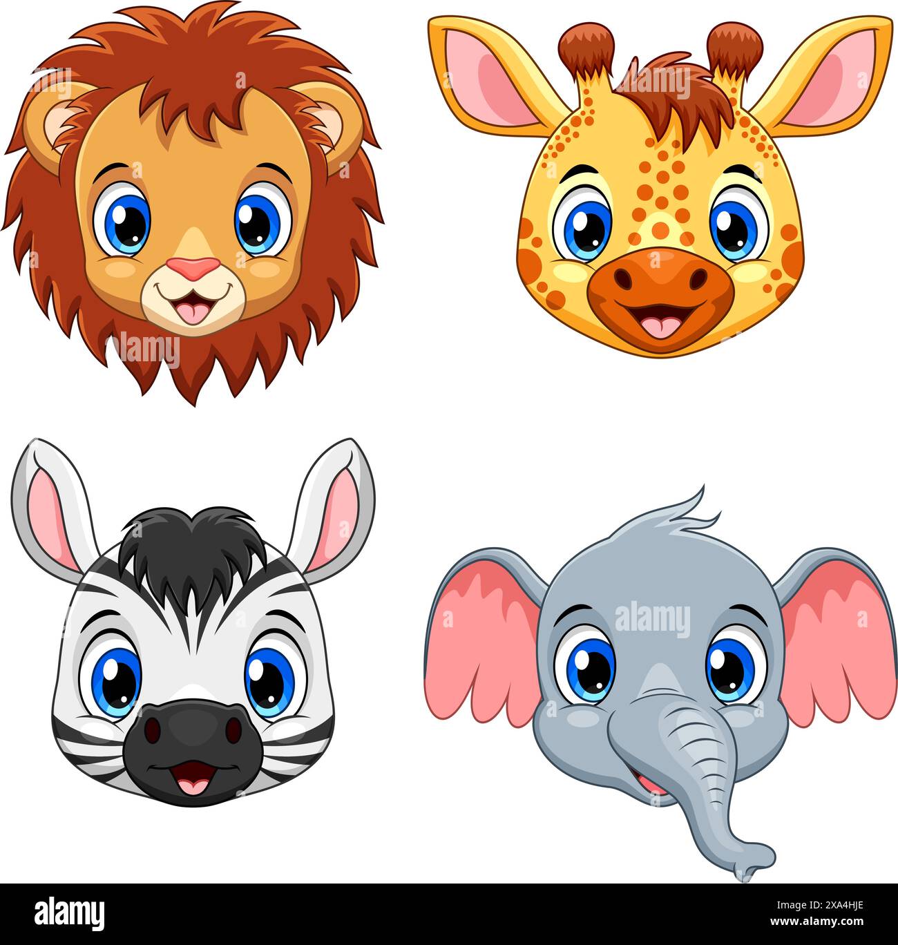 Set aus niedlicher Tiergesichtskollektion. Löwe, Giraffe, Zebra und Elefant Stock Vektor