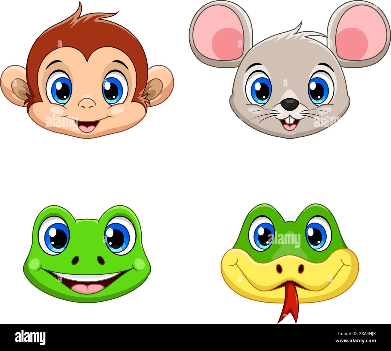 Niedliches Tiergesicht Kollektion Set. Affe, Maus, Frosch und Schlange Stock Vektor