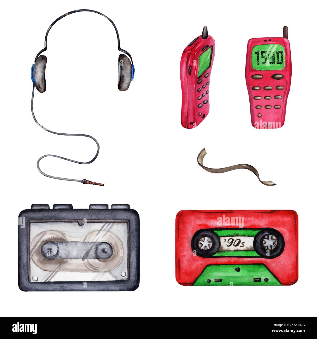 Altes Mobiltelefon, Headset mit tragbarem Player und Bandelemente. Handgezeichnete Aquarellillustration isoliert auf weißem Hintergrund. Für 1980er 1990er Stockfoto