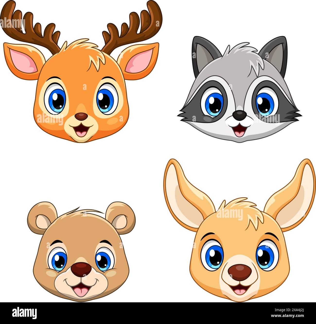 Set aus niedlicher Tiergesichtskollektion. Löwe. Hirsch, Waschbär, Bär und Känguru Stock Vektor