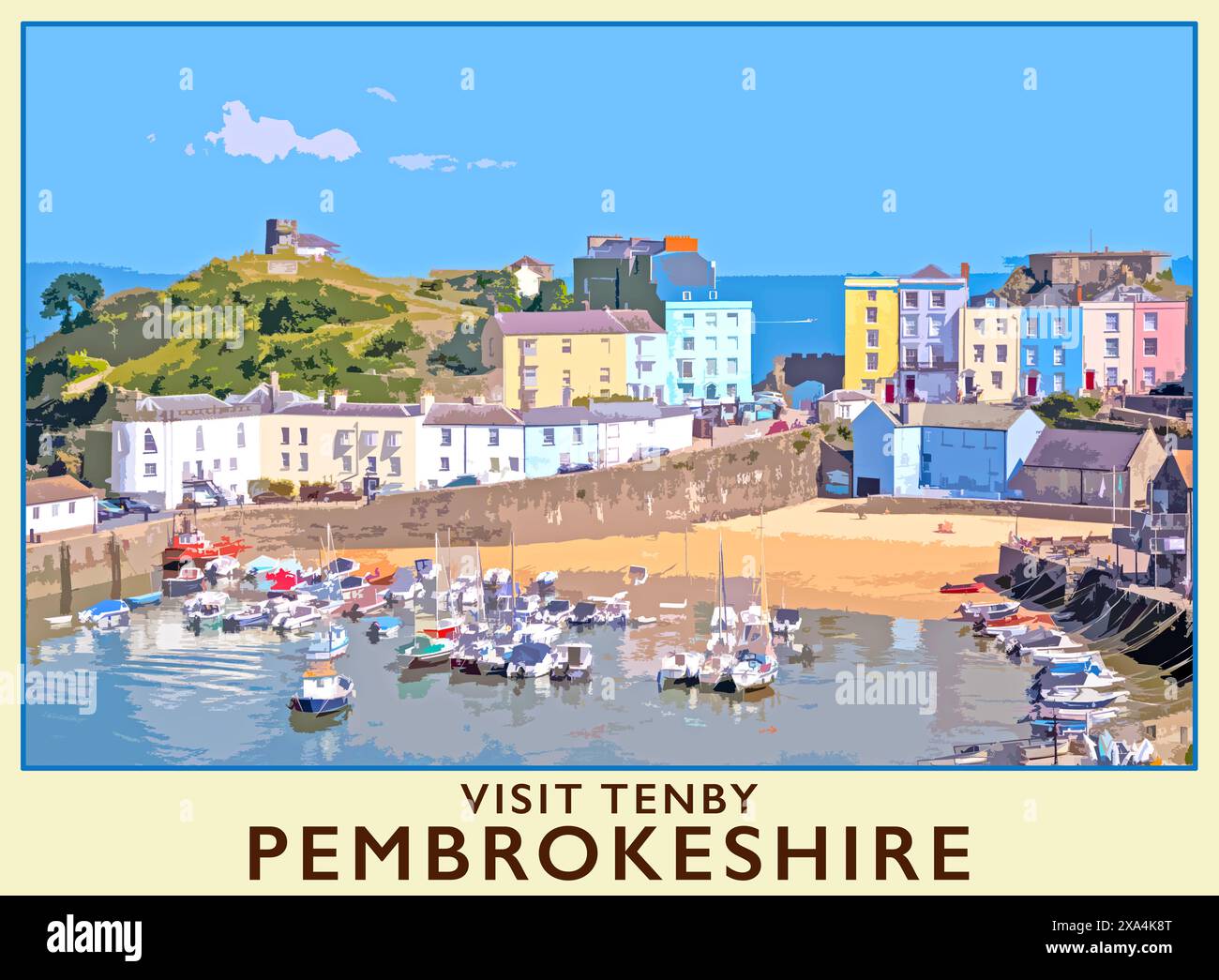 Poster im Reisestil, aufgenommen von einem Foto von Tenby, Pembrokeshire, Wales. UK Stockfoto